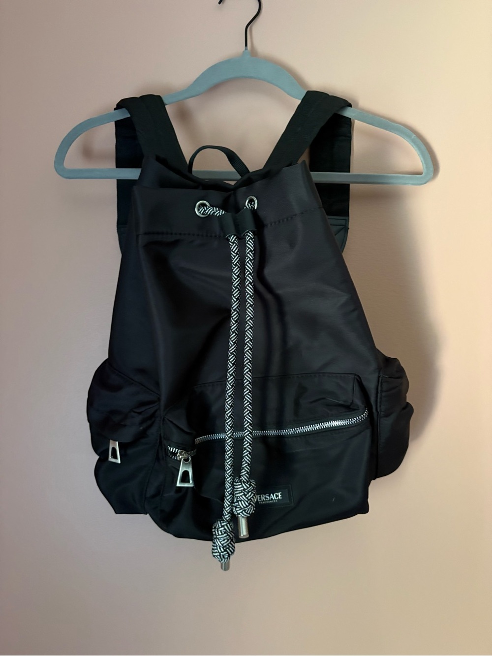 Versace Black Drawstring Backpack with Contrasting Rope